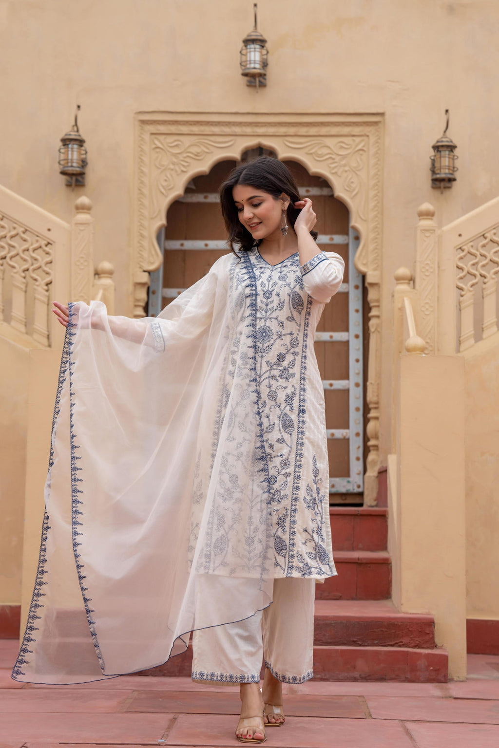 Juniper Off White & Indigo Blue Floral Embroidered Ethnic Suit Set with Dupatta | Grocsy