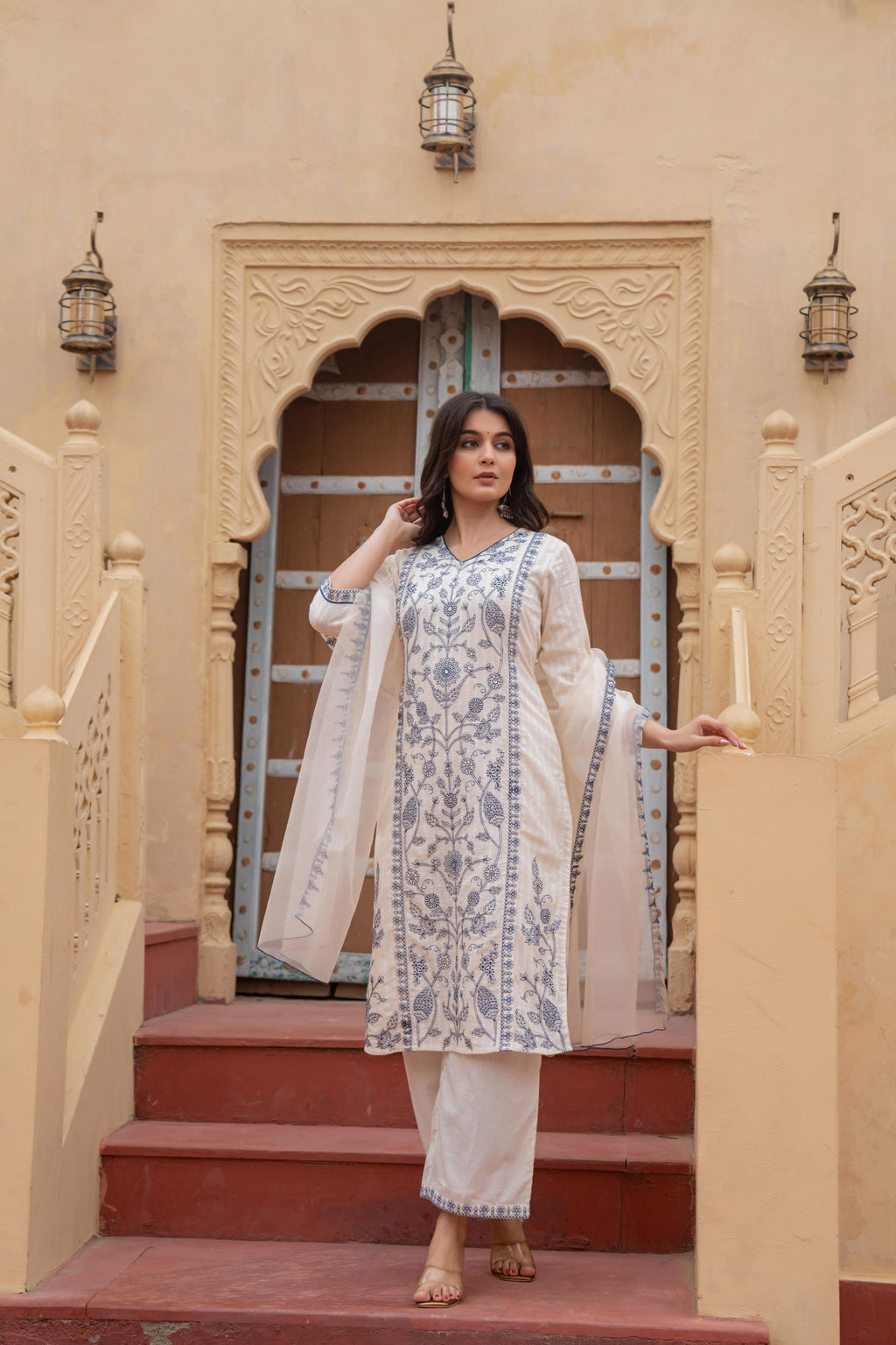 Juniper Off White & Indigo Blue Floral Embroidered Ethnic Suit Set with Dupatta | Grocsy
