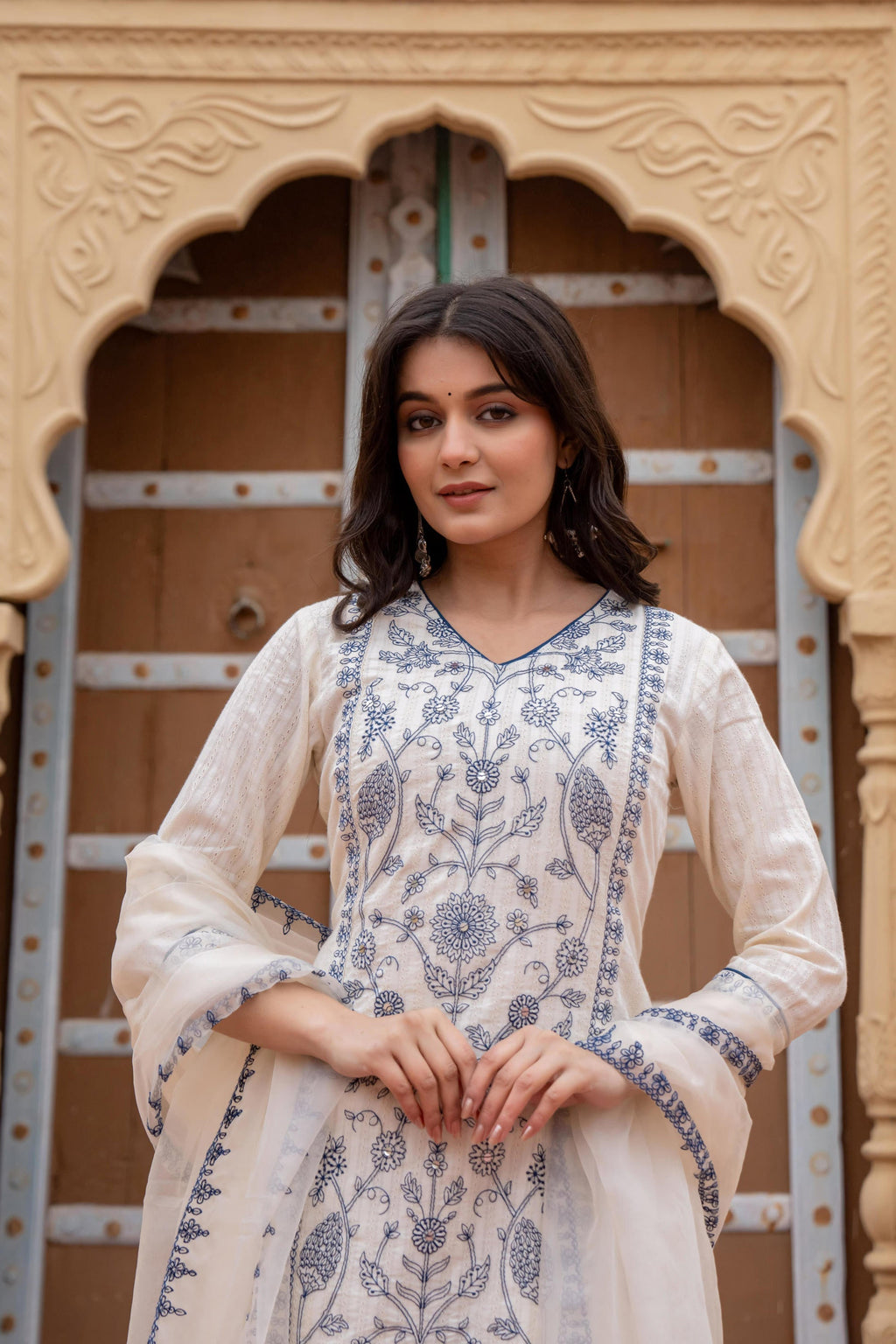 Juniper Off White & Indigo Blue Floral Embroidered Ethnic Suit Set with Dupatta | Grocsy