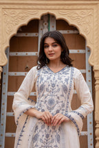 Juniper Off White & Indigo Blue Floral Embroidered Ethnic Suit Set with Dupatta | Grocsy