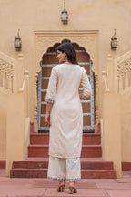 Juniper Off White & Indigo Blue Floral Embroidered Ethnic Suit Set with Dupatta | Grocsy