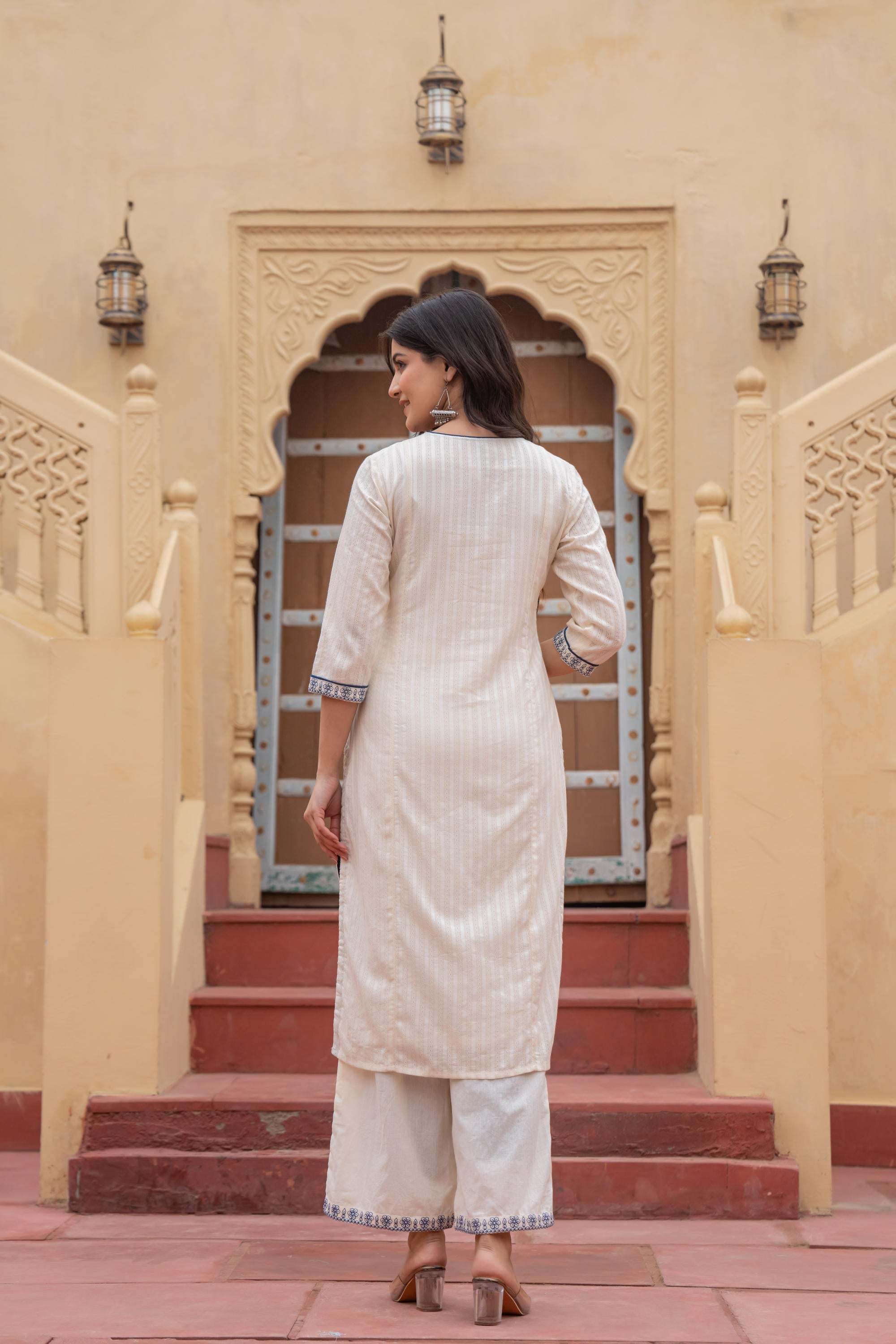 Juniper Off White & Indigo Blue Floral Embroidered Ethnic Suit Set with Dupatta | Grocsy