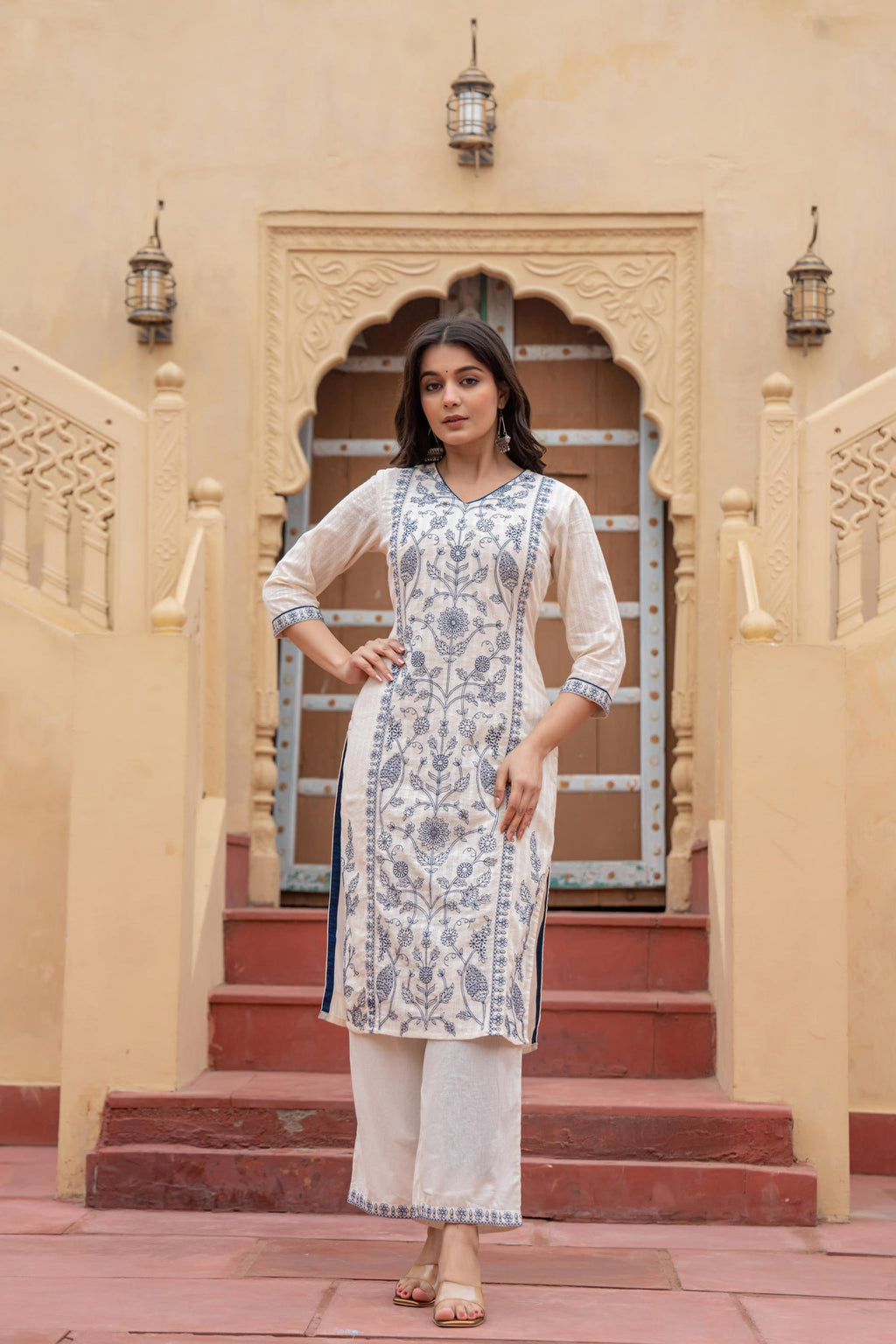 Juniper Off White & Indigo Blue Floral Embroidered Ethnic Suit Set with Dupatta | Grocsy