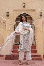 Juniper Off White & Indigo Blue Floral Embroidered Ethnic Suit Set with Dupatta | Grocsy