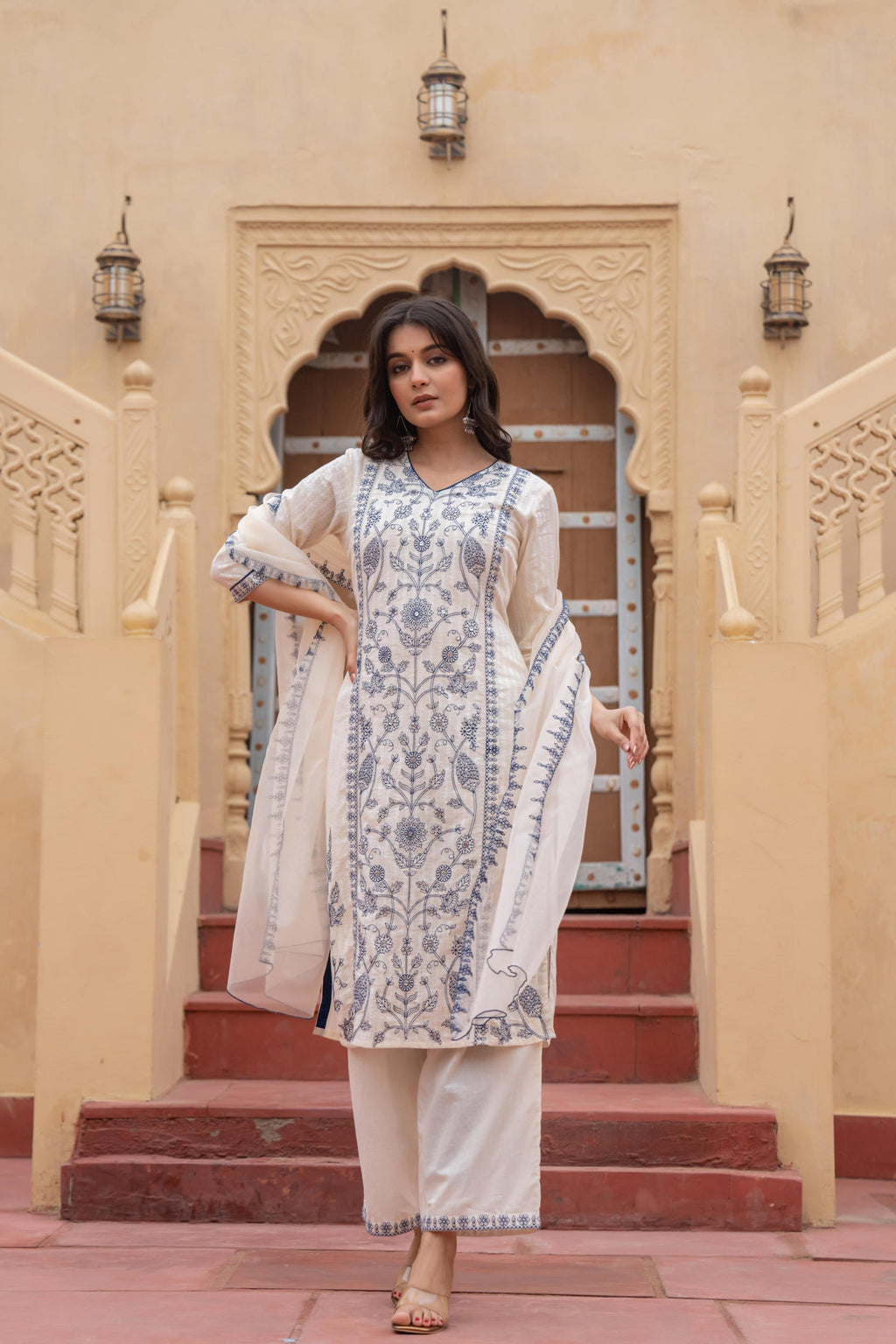 Juniper Off White & Indigo Blue Floral Embroidered Ethnic Suit Set with Dupatta | Grocsy