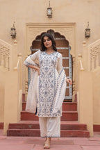 Juniper Off White & Indigo Blue Floral Embroidered Ethnic Suit Set with Dupatta | Grocsy