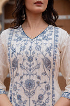 Juniper Off White & Indigo Blue Floral Embroidered Ethnic Suit Set with Dupatta | Grocsy