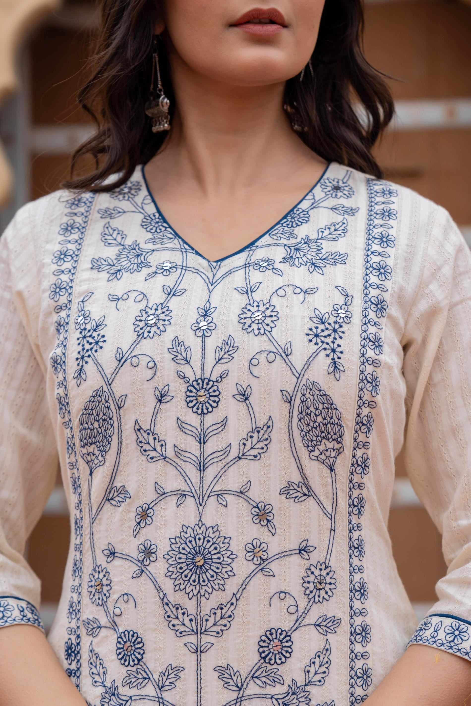 Juniper Off White & Indigo Blue Floral Embroidered Ethnic Suit Set with Dupatta | Grocsy