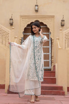 Juniper Off White & Green Floral Embroidered Ethnic Suit Set With Dupatta | Grocsy