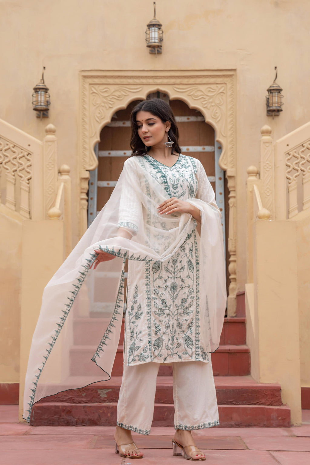 Juniper Off White & Green Floral Embroidered Ethnic Suit Set With Dupatta | Grocsy
