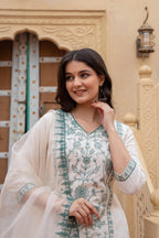 Juniper Off White & Green Floral Embroidered Ethnic Suit Set With Dupatta | Grocsy