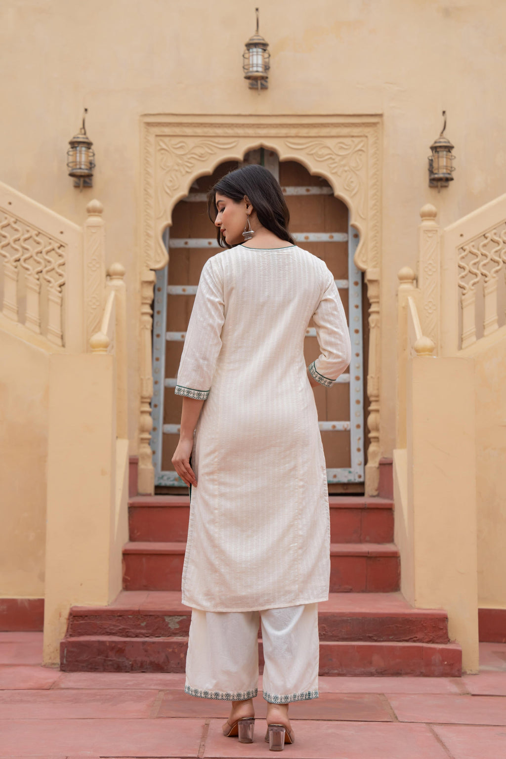 Juniper Off White & Green Floral Embroidered Ethnic Suit Set with Dupatta | Grocsy