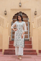 Juniper Off White & Green Floral Embroidered Ethnic Suit Set with Dupatta | Grocsy