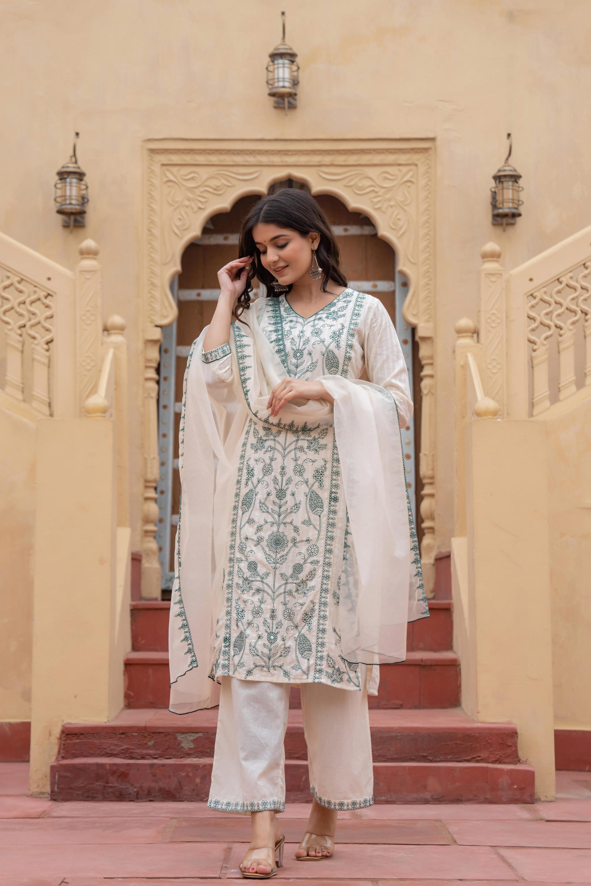 Juniper Off White & Green Floral Embroidered Ethnic Suit Set with Dupatta | Grocsy
