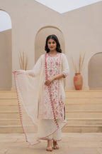 Juniper Off White & Red Floral Embroidered Ethnic Suit Set with Dupatta | Grocsy