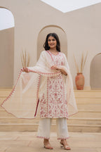 Juniper Off White & Red Floral Embroidered Ethnic Suit Set with Dupatta | Grocsy