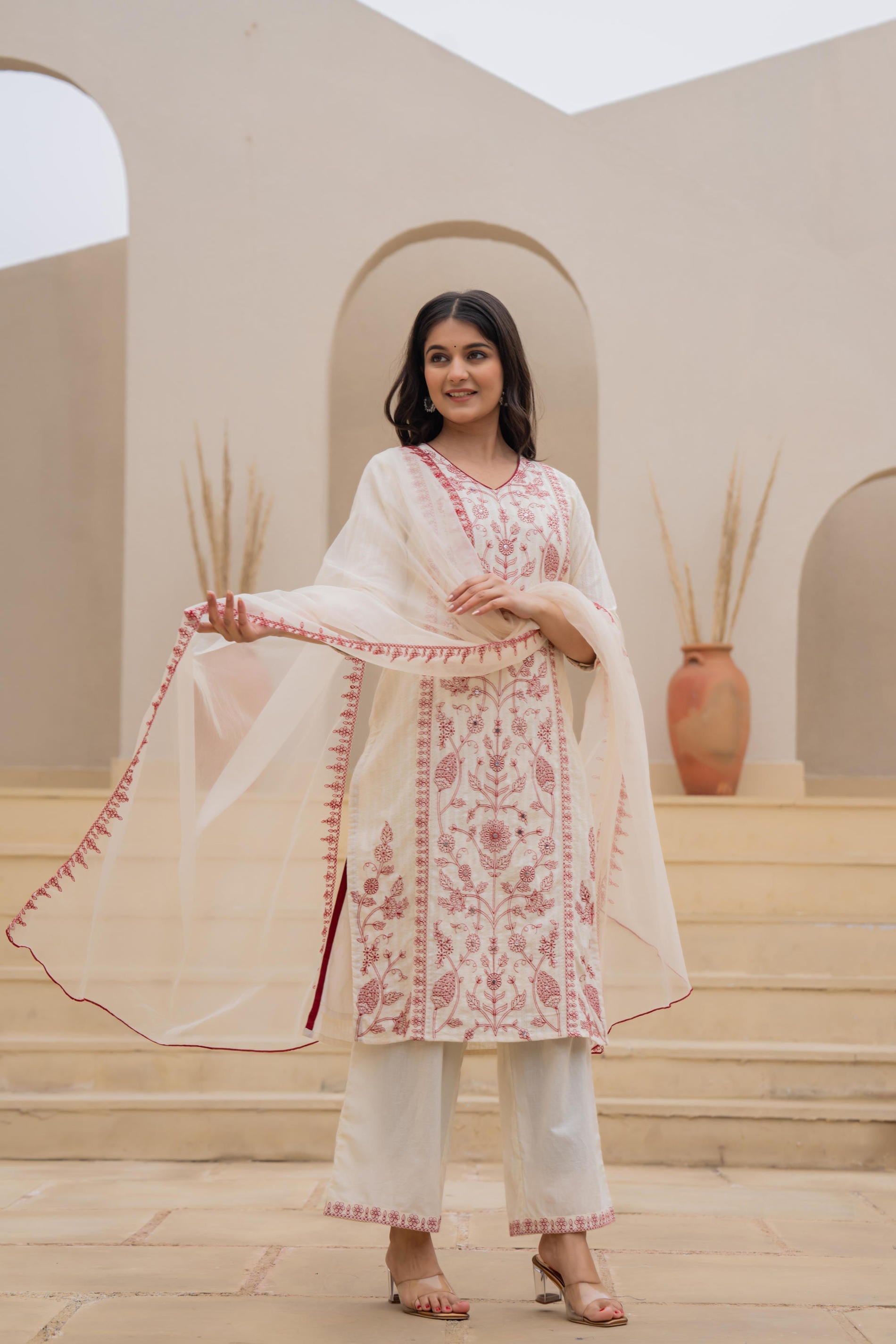 Juniper Off White & Red Floral Embroidered Ethnic Suit Set with Dupatta | Grocsy