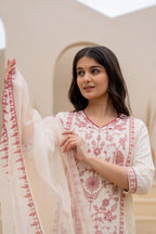 Juniper Off White & Red Floral Embroidered Ethnic Suit Set with Dupatta | Grocsy