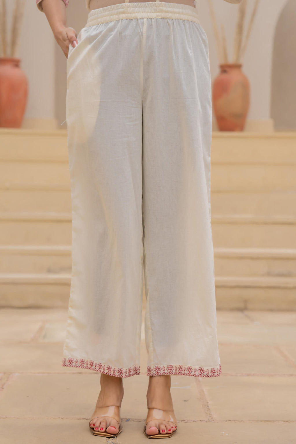 Juniper Off White & Red Floral Embroidered Ethnic Suit Set with Dupatta | Grocsy