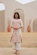 Juniper Off White & Red Floral Embroidered Ethnic Suit Set with Dupatta | Grocsy