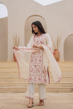 Juniper Off White & Red Floral Embroidered Ethnic Suit Set with Dupatta | Grocsy