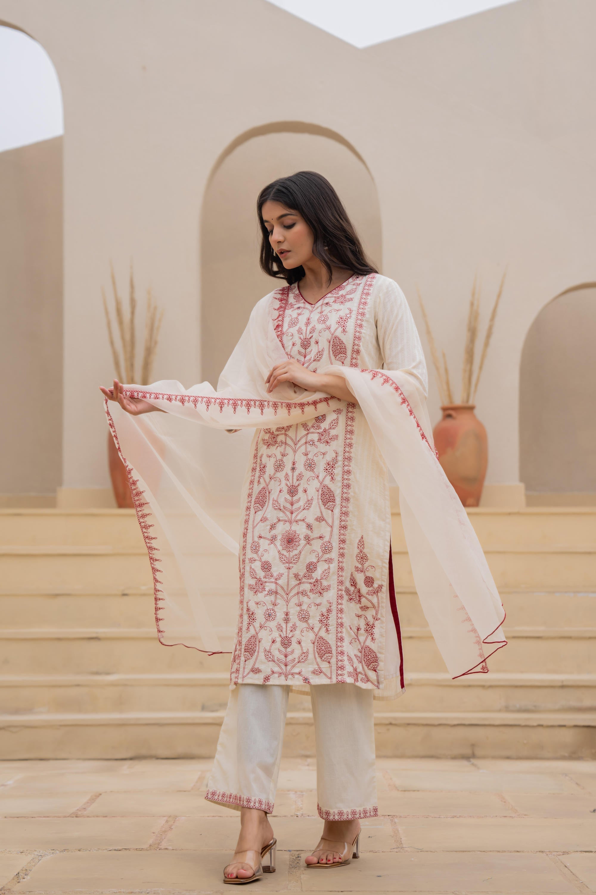 Juniper Off White & Red Floral Embroidered Ethnic Suit Set with Dupatta | Grocsy