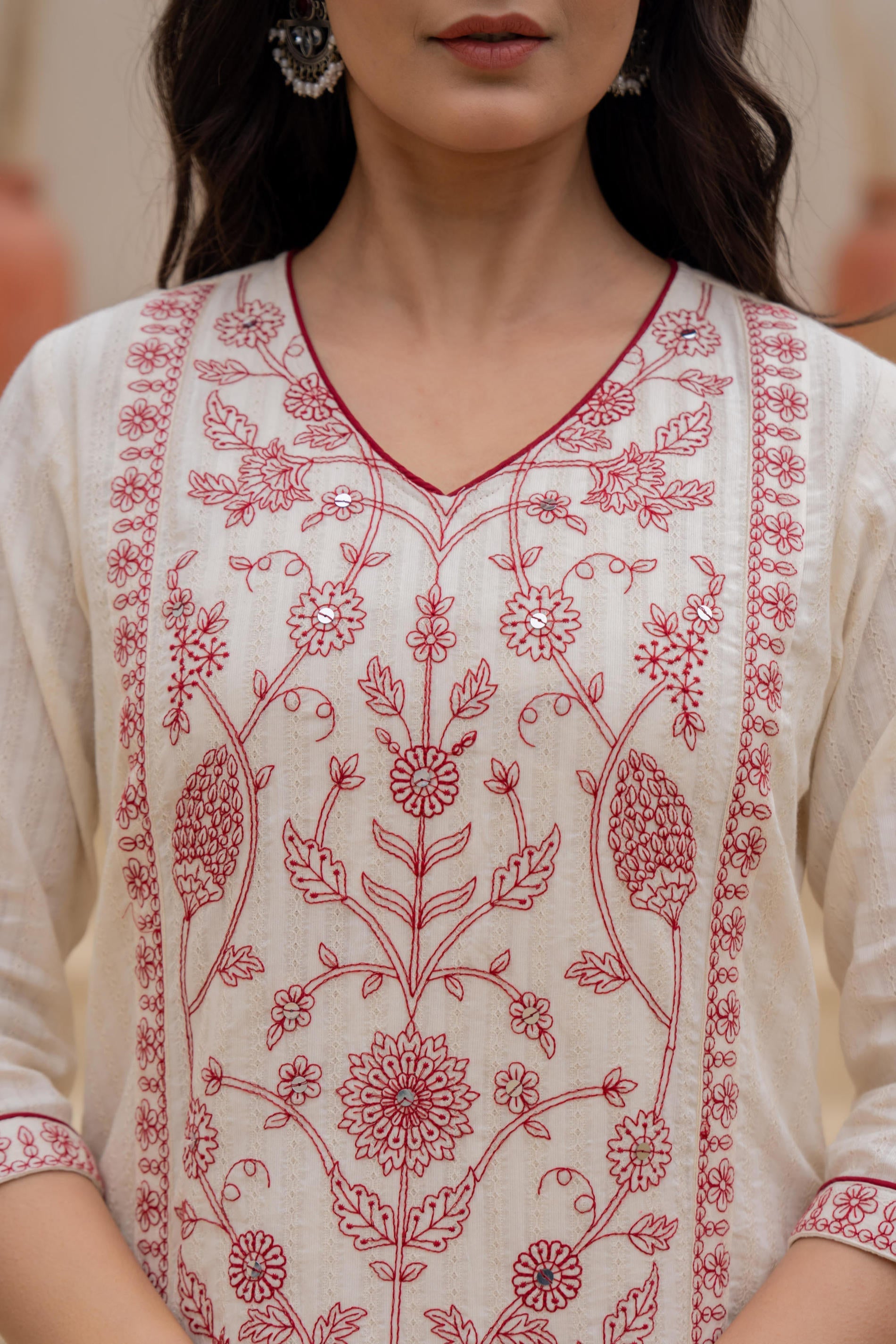 Juniper Off White & Red Floral Embroidered Ethnic Suit Set with Dupatta | Grocsy