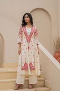 Juniper Off White & Red Solid Cotton Kurta Pant & Shrug With Thread Work | Grocsy
