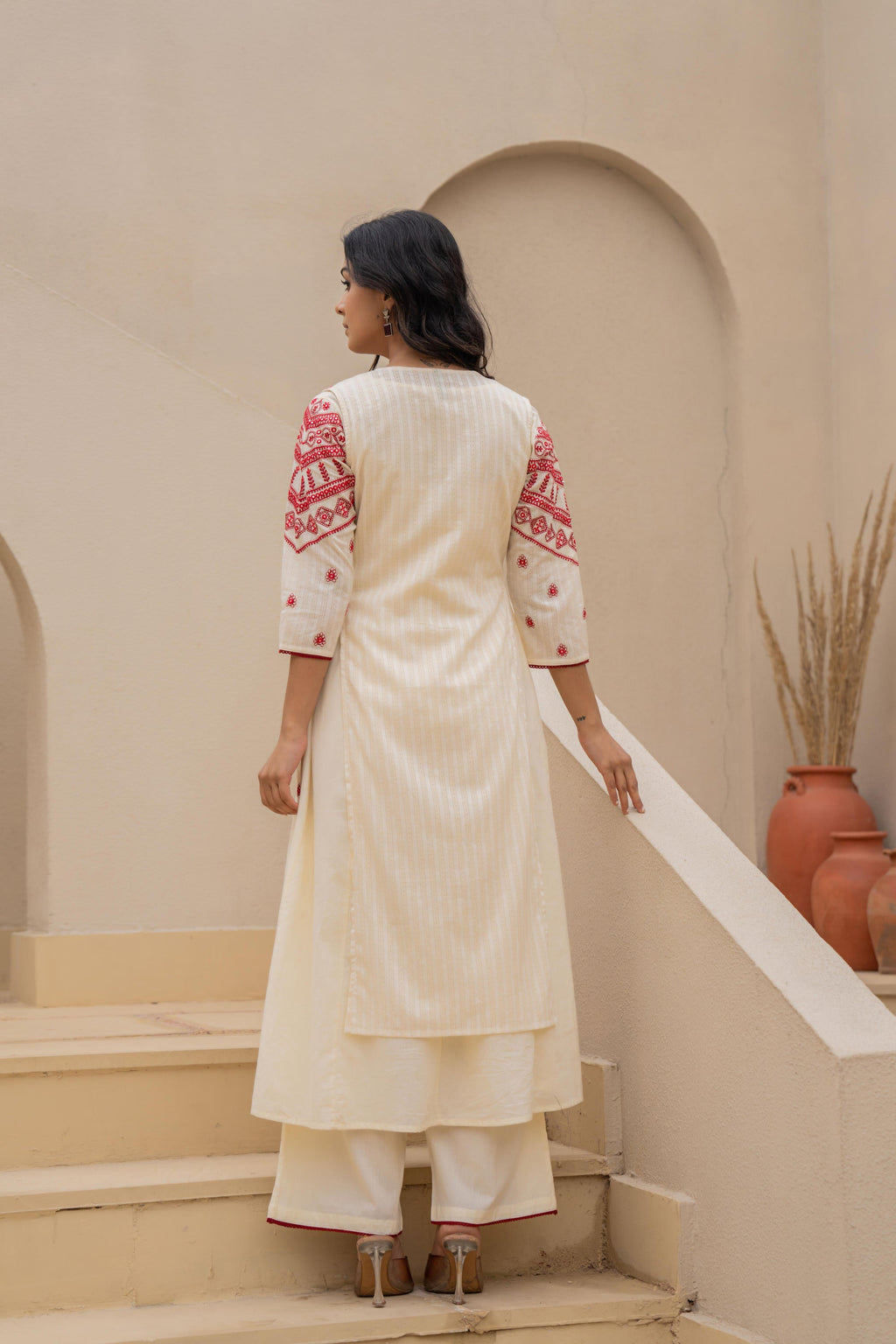 Juniper Off White & Red Solid Cotton Kurta Pant & Shrug With Thread Work | Grocsy
