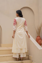 Juniper Off White & Red Solid Cotton Kurta Pant & Shrug With Thread Work | Grocsy
