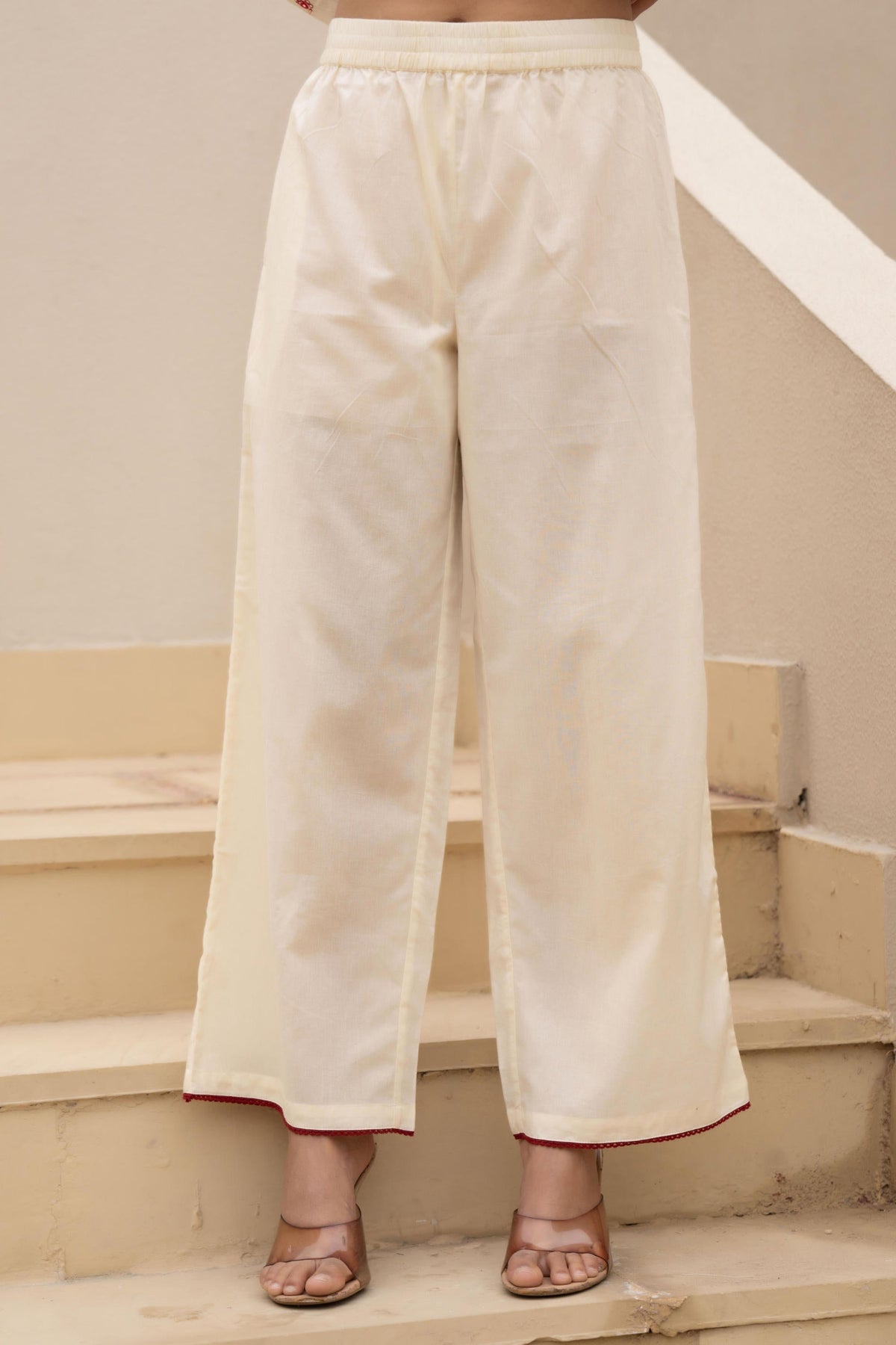 Juniper Off White & Red Solid Cotton Kurta Pant & Shrug With Thread Work | Grocsy