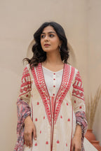 Juniper Off White & Red Solid Cotton Kurta Pant & Shrug With Thread Work | Grocsy