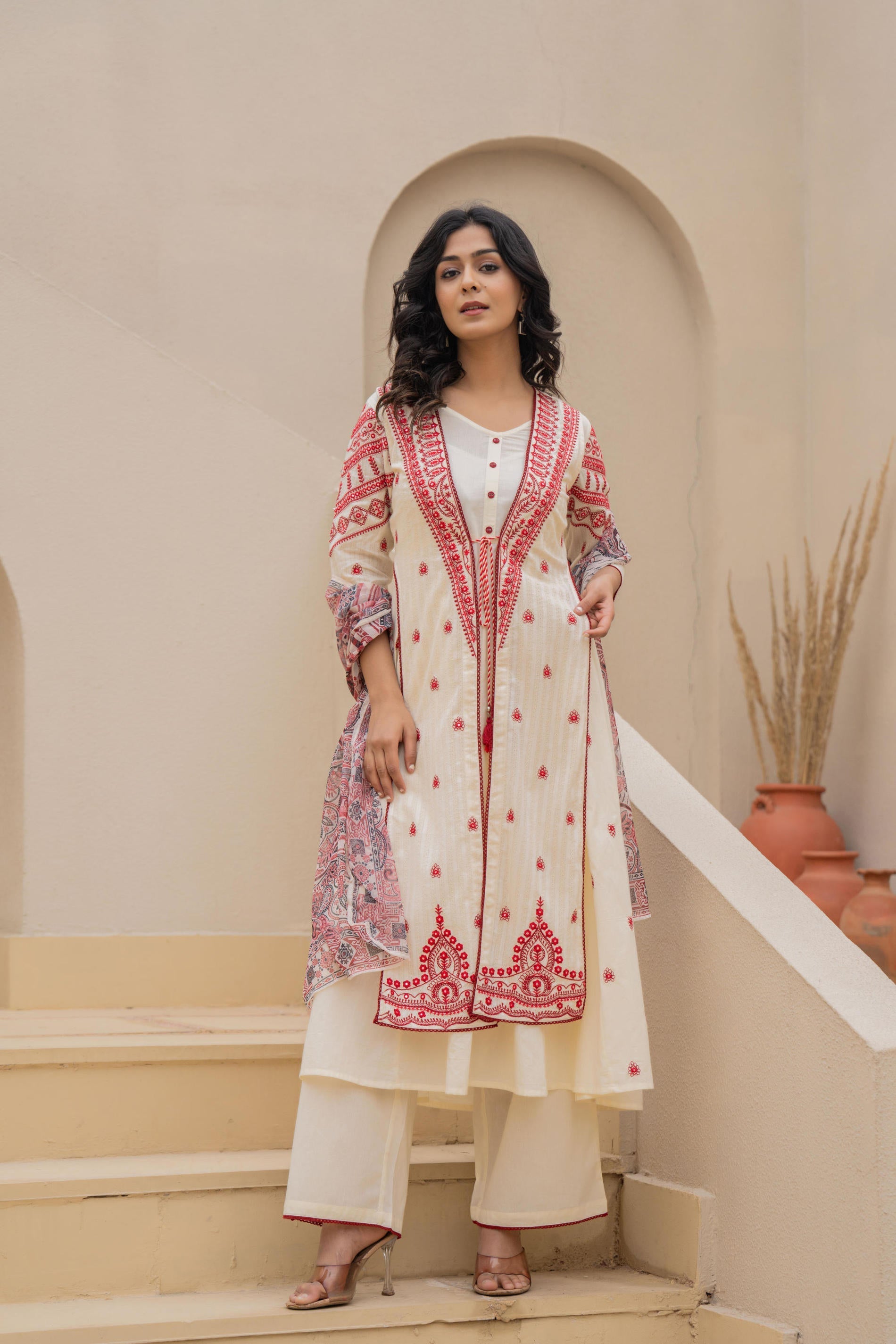 Juniper Off White & Red Solid Cotton Kurta Pant & Shrug With Thread Work | Grocsy