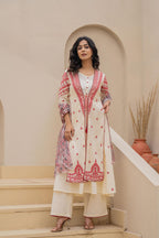 Juniper Off White & Red Solid Cotton Kurta Pant & Shrug With Thread Work | Grocsy