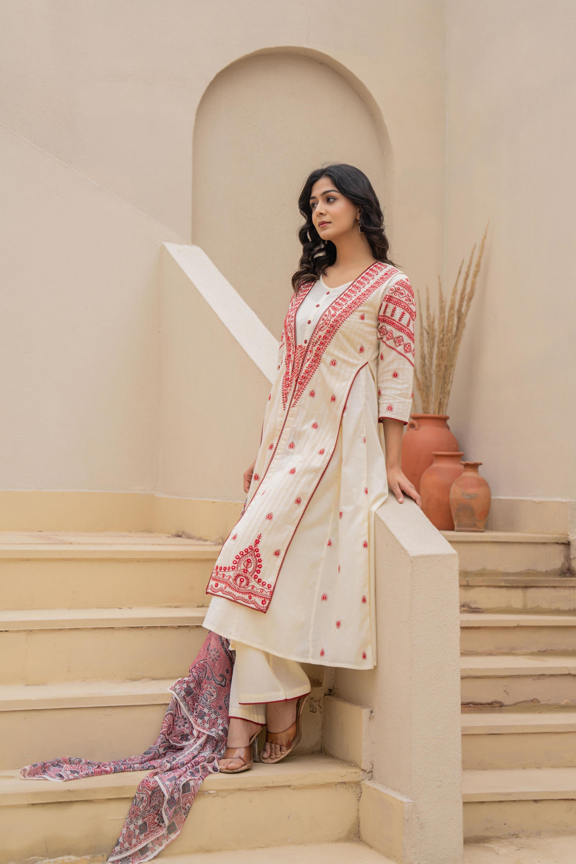 Juniper Off White & Red Solid Cotton Kurta Pant & Shrug With Thread Work | Grocsy