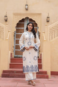Juniper Off White & Navy Blue Embroidered Straight Kurta Set With Contrast Detailing | Grocsy