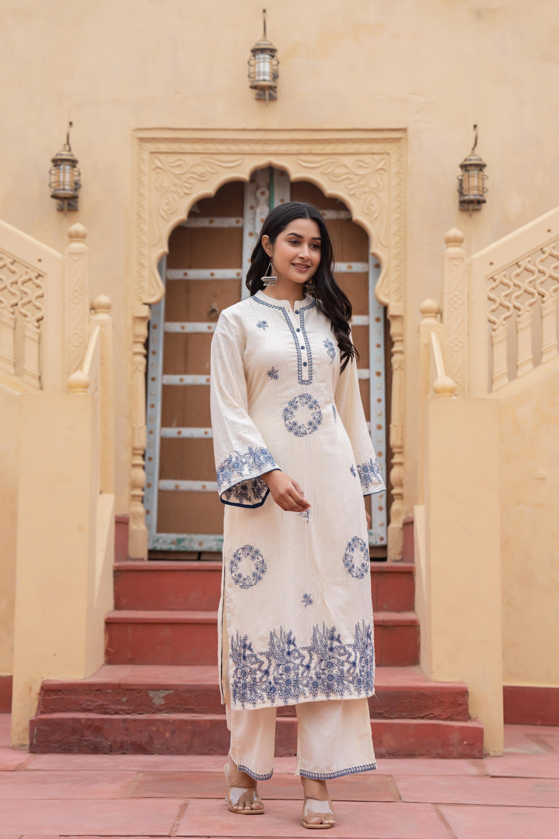 Juniper Off White & Navy Blue Embroidered Straight Kurta Set with Contrast Detailing | Grocsy