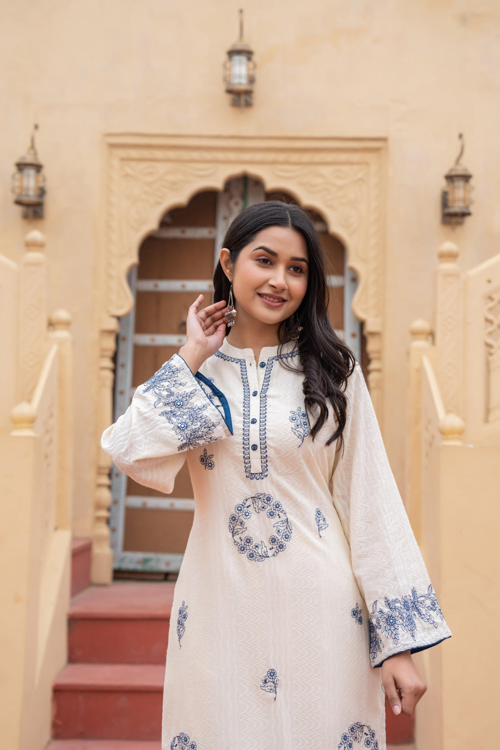 Juniper Off White & Navy Blue Embroidered Straight Kurta Set with Contrast Detailing | Grocsy