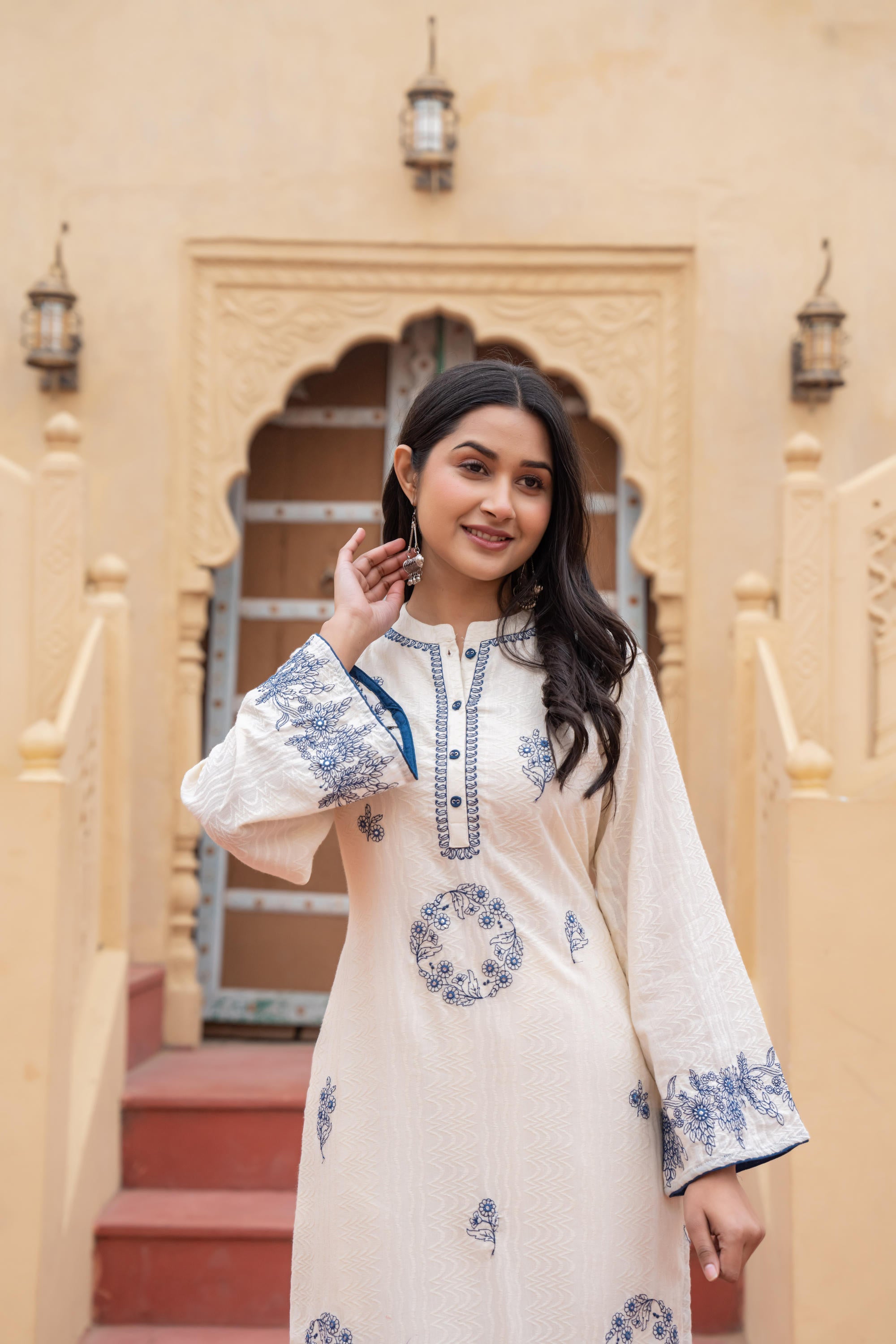 Juniper Off White & Navy Blue Embroidered Straight Kurta Set with Contrast Detailing | Grocsy