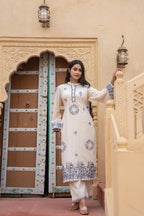 Juniper Off White & Navy Blue Embroidered Straight Kurta Set with Contrast Detailing | Grocsy