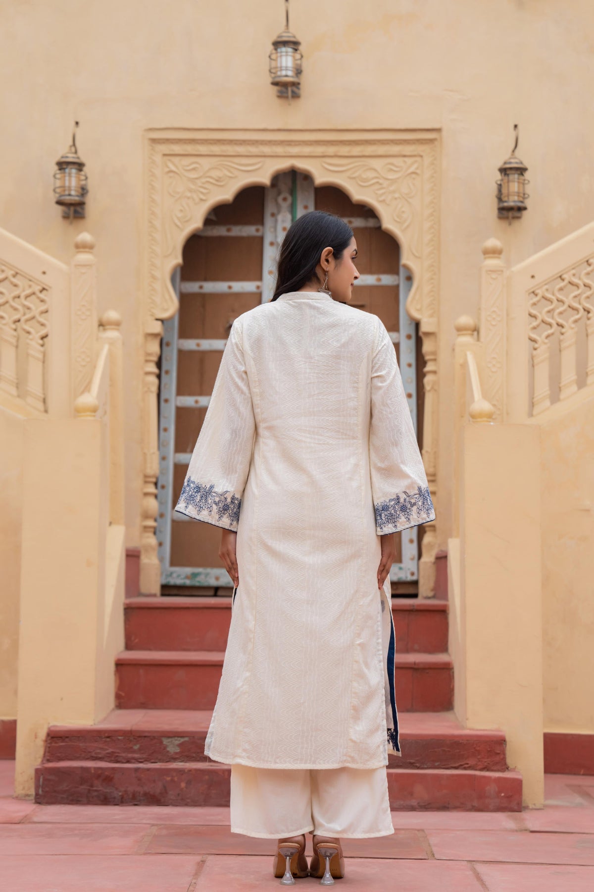 Juniper Off White & Navy Blue Embroidered Straight Kurta Set with Contrast Detailing | Grocsy
