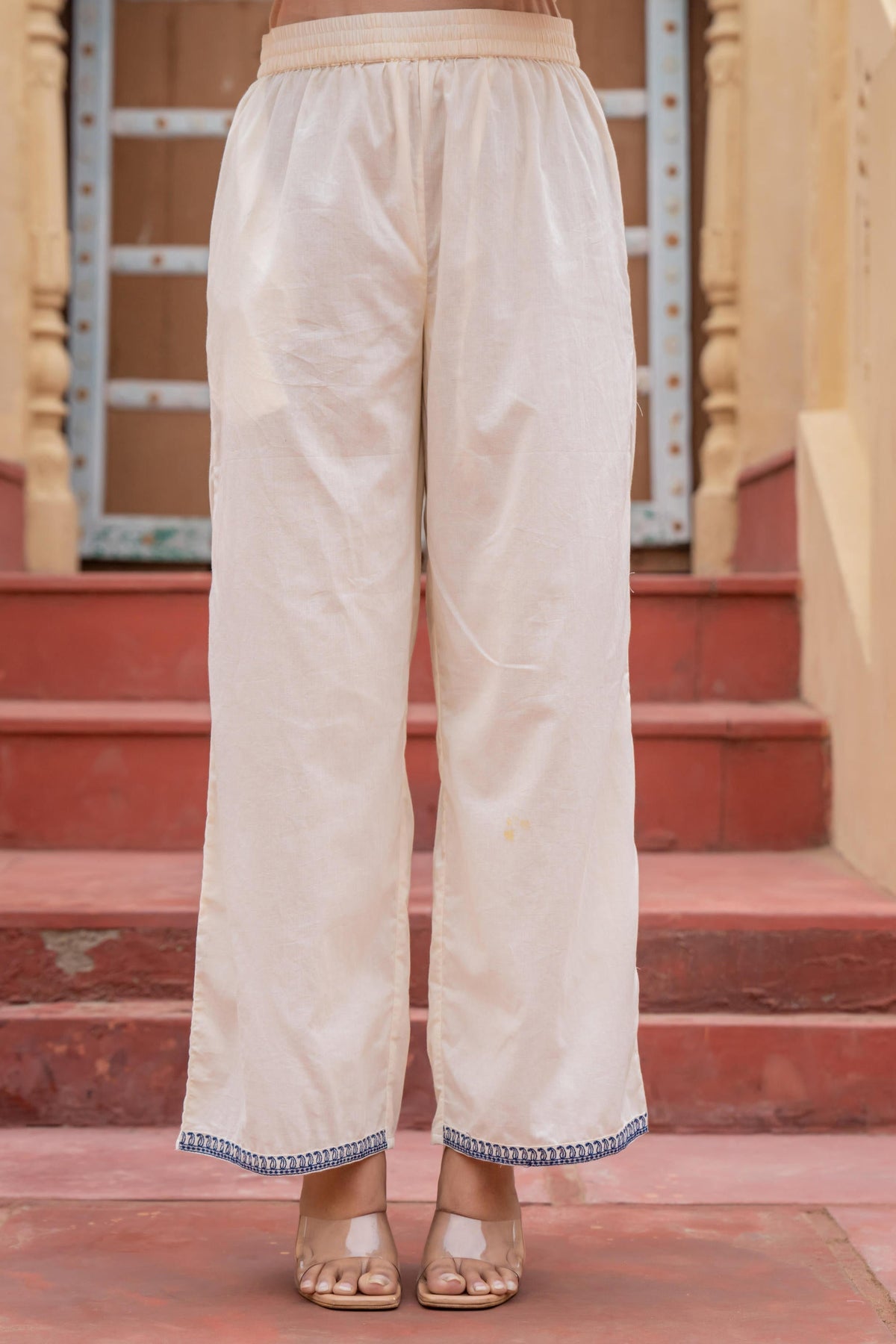 Juniper Off White & Navy Blue Embroidered Straight Kurta Set with Contrast Detailing | Grocsy