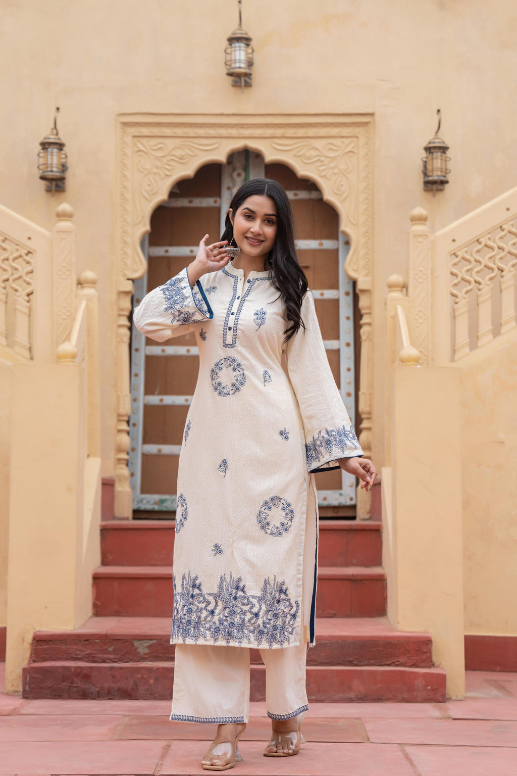 Juniper Off White & Navy Blue Embroidered Straight Kurta Set with Contrast Detailing | Grocsy