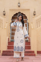 Juniper Off White & Navy Blue Embroidered Straight Kurta Set with Contrast Detailing | Grocsy
