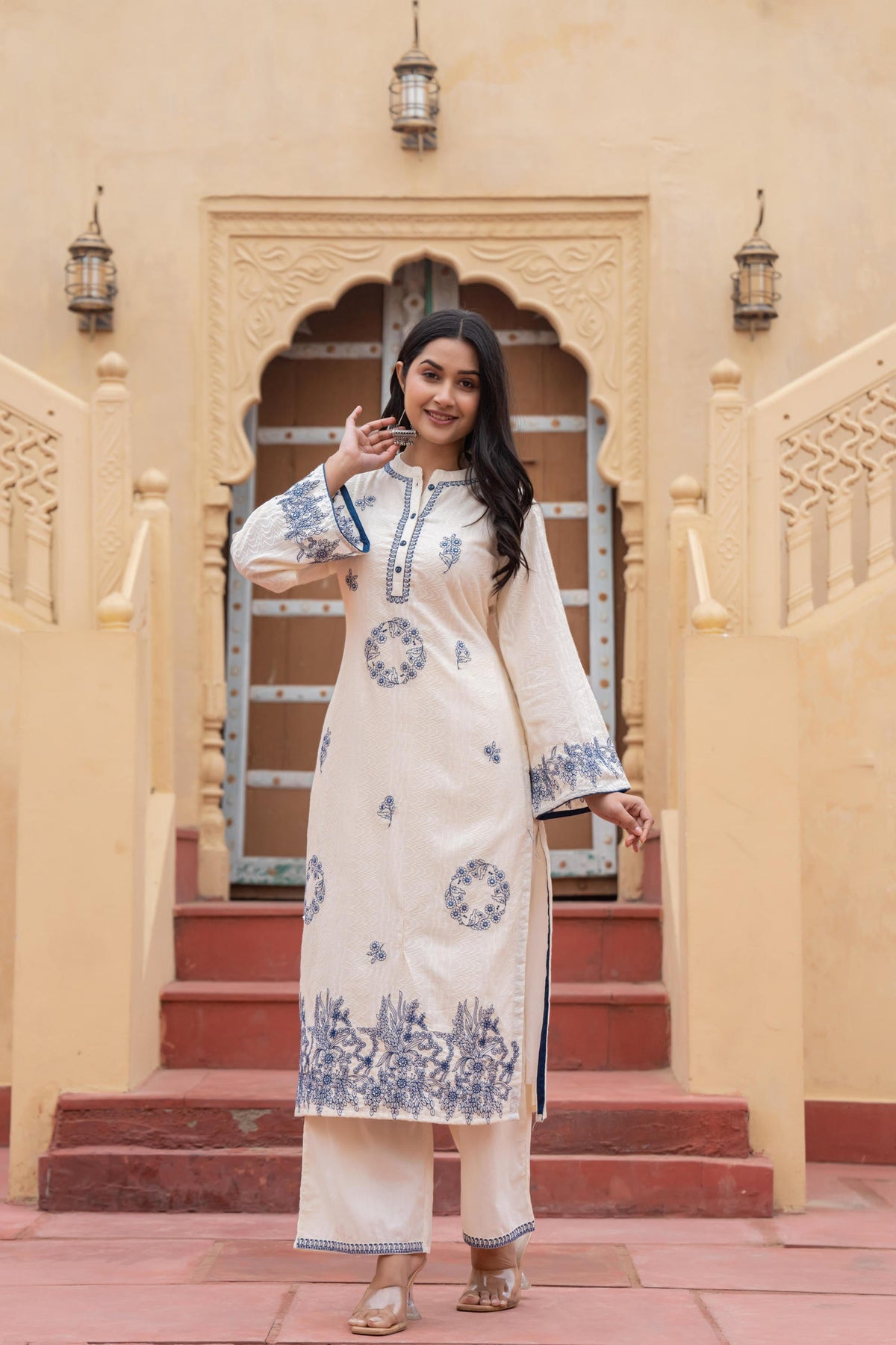 Juniper Off White & Navy Blue Embroidered Straight Kurta Set with Contrast Detailing | Grocsy