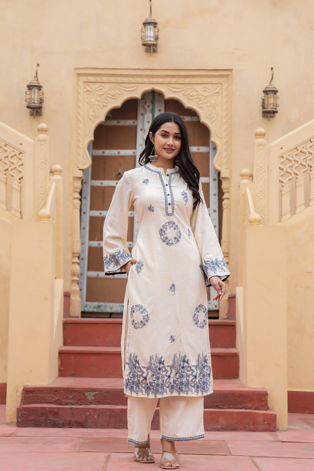 Juniper Off White & Navy Blue Embroidered Straight Kurta Set with Contrast Detailing | Grocsy