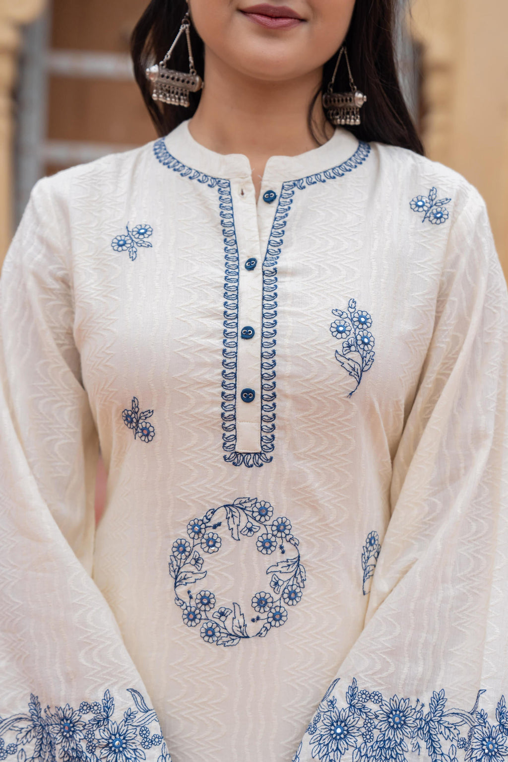 Juniper Off White & Navy Blue Embroidered Straight Kurta Set with Contrast Detailing | Grocsy