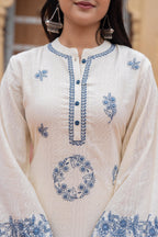 Juniper Off White & Navy Blue Embroidered Straight Kurta Set with Contrast Detailing | Grocsy