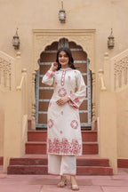Juniper Off White & Red Embroidered Straight Kurta Set with Contrast Detailing | Grocsy