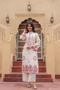 Juniper Off White & Red Embroidered Straight Kurta Set With Contrast Detailing | Grocsy